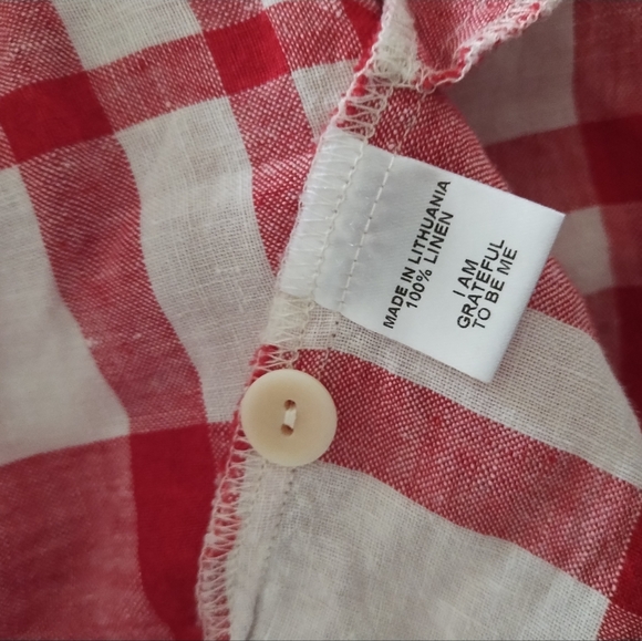 FLAX Pure Linen Red White Plaid Shirt S - Picture 6 of 6
